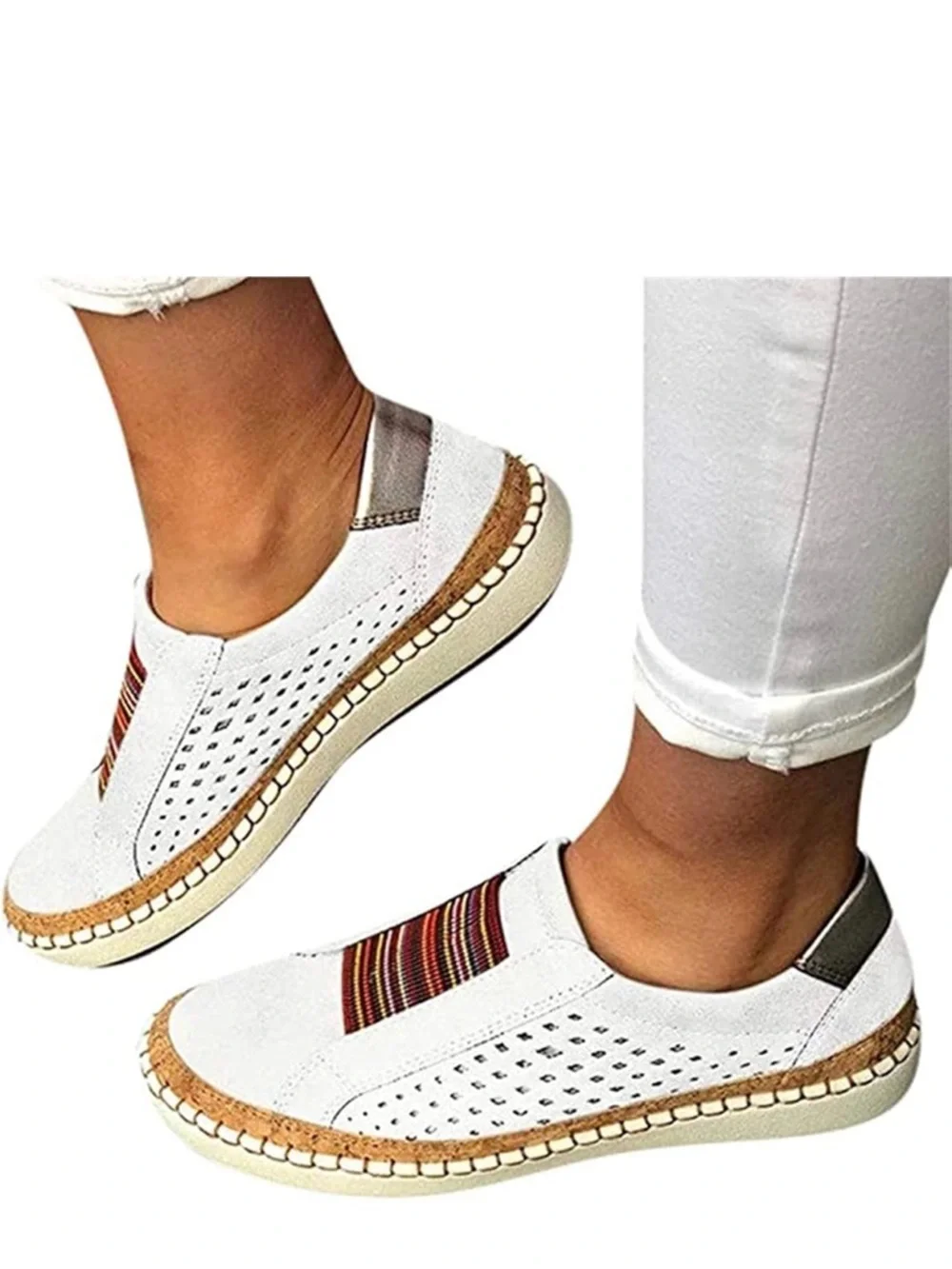 White Perforated Slip-On Espadrille with Striped Elastic Accent